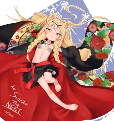 Rule 34 | 1girl, :3, absurdres, animal ears, animal hands, bare legs, barefoot, black kimono, blonde hair, blush, braid, commission, flat chest, full body, hair ornament, highres, japanese clothes, jewelry, kimono, long hair, looking at viewer, lying, navel, necklace, ofuda, ofuda on nipples, on back, open clothes, open kimono, original, owasaki, pasties, print kimono, sash, short eyebrows, signature, skeb commission, smile, solo, thick eyebrows, thigh strap, twin braids, very long hair, yellow eyes