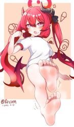 Rule 34 | 1girl, absurdres, barefoot, blue archive, blush, feet, foot focus, full body, gym uniform, highres, horns, junko (blue archive), long hair, looking at viewer, open mouth, pointy ears, red eyes, red hair, rossen, soles, solo, steam, toes