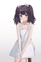 Rule 34 | 1girl, absurdres, bare arms, bare shoulders, between legs, black hair, blush, bow, brown eyes, closed mouth, commentary request, dress, feet out of frame, gradient background, grey background, hair bow, hand between legs, highres, looking at viewer, nagisa (cxcx5235), original, sitting, sleeveless, sleeveless dress, solo, twintails, white background, white bow, white dress