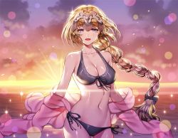 Rule 34 | 1girl, bikini, black bikini, black bow, black ribbon, blonde hair, blush, bow, braid, breasts, cleavage, cloud, collarbone, contrapposto, cowboy shot, diffraction spikes, fate/apocrypha, fate/grand order, fate (series), ganik (pisshine), hair bow, headpiece, jeanne d&#039;arc (fate), jeanne d&#039;arc (ruler) (fate), jeanne d&#039;arc (white cruising) (fate), lens flare, light rays, long hair, looking at viewer, low-tied long hair, medium breasts, multi-tied hair, navel, ocean, open clothes, open shirt, outdoors, pink shirt, purple eyes, ribbon, see-through, shirt, side-tie bikini bottom, single braid, solo, sparkle, standing, stomach, sunlight, sunset, swimsuit, very long hair, water