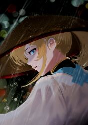 Rule 34 | 1girl, absurdres, adapted costume, ajirogasa, blonde hair, blue eyes, blurry, bokeh, cohi27151463, commentary, depth of field, eyeshadow, from behind, haori, hat, highres, hololive, japanese clothes, kazama iroha, kazama iroha (1st costume), looking at viewer, looking back, makeup, medium hair, outdoors, parted lips, ponytail, rain, red eyeshadow, sidelocks, solo, upper body, virtual youtuber, water drop