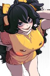 Rule 34 | 1girl, :d, @ @, alternate breast size, alternate costume, black hair, breasts, character print, collarbone, commentary, creatures (company), flying sweatdrops, game freak, gen 1 pokemon, grey eyes, hair between eyes, hair ribbon, hand on own hip, hand up, hex maniac (pokemon), kingbawoon, large breasts, long hair, nintendo, open mouth, pikachu, pokemon, pokemon xy, ribbon, shirt, short sleeves, smile, solo, sweat, t-shirt, yellow ribbon, yellow shirt