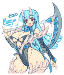 Rule 34 | armor, blue hair, breasts, cleavage, cosplay, horns, large breasts, long hair, mel/a, melmaid, open mouth, red eyes, scythe, smile, thighhighs