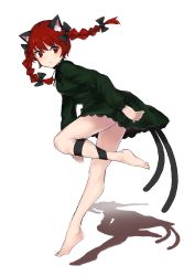 Rule 34 | 1girl, absurdres, animal ear fluff, animal ears, barefoot, bow, braid, cat ears, cat tail, commentary, dress, green dress, highres, jumping, kaenbyou rin, leg ribbon, looking back, matinmorgen, multiple tails, nekomata, red eyes, red hair, ribbon, shadow, slit pupils, solo, subterranean animism, tail, touhou, twin braids, white background