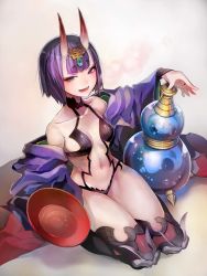 Rule 34 | 1girl, :d, alcohol, armor, armored boots, bare shoulders, black thighhighs, blue gemstone, blunt bangs, blush, boots, bowl, breasts, collarbone, cup, fate/grand order, fate (series), from above, gem, headpiece, highres, holding, holding bowl, horns, japanese clothes, jug (bottle), kimono, liquid, looking at viewer, looking up, navel, off shoulder, open clothes, open kimono, open mouth, purple eyes, purple hair, revealing clothes, sakazuki, sake, seiza, short hair, shuten douji (fate), sitting, small breasts, smile, solo, stomach, taishi (picchiridou), thigh boots, thighhighs, thighs