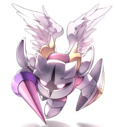 Rule 34 | 1boy, armor, baku, colored skin, eyes in shadow, feathered wings, floating, galacta knight, gloves, glowing, glowing eyes, highres, holding, holding lance, holding polearm, holding shield, holding weapon, horns, kirby (series), lance, male focus, mask, mittens, nintendo, no humans, pauldrons, pink eyes, pink skin, polearm, shield, shoulder armor, simple background, solo, weapon, white background, white footwear, white wings, wings