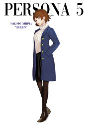 Rule 34 | 1girl, absurdres, black pantyhose, black skirt, blue coat, blunt bangs, braid, brown hair, character name, closed mouth, coat, copyright name, crown braid, full body, highres, long sleeves, miniskirt, niijima makoto, open clothes, open coat, pantyhose, persona, persona 5, red eyes, rei nogami, short hair, simple background, skirt, solo, standing, sweater, turtleneck, turtleneck sweater, white background, white sweater