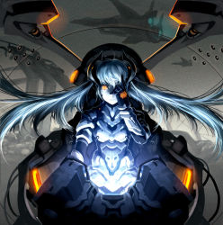 Rule 34 | 1girl, armor, blue hair, cockpit, copyright request, glowing, glowing eyes, hand on own face, horns, long hair, orange eyes, solo, twintails, won (toufunokado)