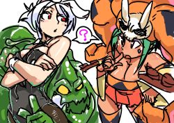 Rule 34 | 1boy, 2girls, ?, alternate costume, animal ears, aqua hair, battle bunny riven, breasts, brown eyes, cerebella (skullgirls), cleavage, cristina valenzuela, crossed arms, crossover, dark skin, detached collar, detached sleeves, eyeshadow, fake animal ears, hand on own hip, higa norio, large breasts, league of legends, leaning forward, makeup, monster boy, multiple girls, pantyhose, playboy bunny, rabbit ears, rabbit tail, red eyes, riven (league of legends), short hair, silver hair, skullgirls, slime, tail, thighhighs, vice-versa (skullgirls), voice actor connection, wrist cuffs, yellow eyes, zac (league of legends)