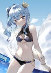 Rule 34 | 1girl, bikini, blue eyes, blue hair, blue nails, breasts, cloud, cloudy sky, crown, day, earrings, fingernails, groin, hair between eyes, hair ornament, hair ribbon, hololive, hoshimachi suisei, jewelry, long hair, looking at viewer, lunacats, mini crown, nail polish, navel, ocean, outdoors, ribbon, side ponytail, sky, small breasts, solo, star-shaped pupils, star (symbol), swimsuit, symbol-shaped pupils, thighs, virtual youtuber, water