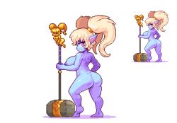 Rule 34 | 1girl, blonde hair, breasts, colored skin, female focus, hammer, holding, holding hammer, holding weapon, huge breasts, large breasts, league of legends, long hair, looking back, nipples, noscium, pixel art, pointy ears, poppy (league of legends), purple skin, red eyes, riot games, simple background, smile, solo, twintails, weapon, white background, yordle