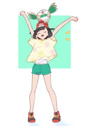 Rule 34 | 1girl, arms up, bare legs, beanie, black hair, closed eyes, commentary, creatures (company), eyelashes, floral print, game freak, gen 7 pokemon, green shorts, hat, highres, kii (kiiui), nintendo, on head, open mouth, pokemon, pokemon (creature), pokemon on head, pokemon sm, red footwear, red headwear, rowlet, selene (pokemon), shirt, shoes, short hair, short shorts, short sleeves, shorts, standing, symbol-only commentary, t-shirt, teeth, tied shirt, tongue, undershirt, upper teeth only, yellow shirt
