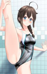 Rule 34 | 1girl, absurdres, ahoge, black one-piece swimsuit, blue eyes, braid, breasts, brown hair, clothes writing, collarbone, commentary request, competition swimsuit, cowboy shot, hair flaps, hair ornament, hair over shoulder, highres, kantai collection, looking at viewer, medium breasts, one-piece swimsuit, shigure (kancolle), shigure kai ni (kancolle), single braid, solo, split, standing, standing on one leg, standing split, striped clothes, striped one-piece swimsuit, swimsuit, takafumi, tile wall, tiles