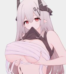 Rule 34 | 1girl, arknights, black tank top, blush, breast hold, breasts, cleavage, clothes in mouth, clothes lift, demon horns, grey hair, hair ornament, highres, horns, large breasts, long hair, looking at viewer, material growth, mouth hold, mudrock (arknights), mudrock (elite ii) (arknights), oripathy lesion (arknights), pointy ears, red hair, risshu, sarashi, shirt, shirt lift, simple background, sleeveless, sleeveless shirt, solo, sweatdrop, tank top, upper body, very long hair, white background
