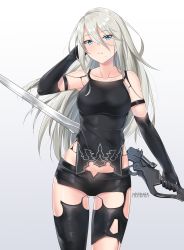 Rule 34 | 1girl, android, armlet, black gloves, black shorts, black tank top, black thighhighs, blue eyes, breasts, closed mouth, collarbone, commentary, elbow gloves, english commentary, gloves, gluteal fold, hair between eyes, highres, holding, holding sword, holding weapon, joints, long hair, mistraia, mole, mole under mouth, nier (series), nier:automata, robot joints, shorts, signature, simple background, solo, sword, tank top, thighhighs, type-4o sword, very long hair, weapon, a2 (nier:automata)