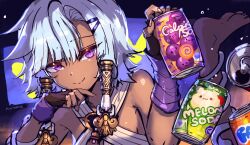 arm_warmers asymmetrical_bangs criss-cross_halter cup dislyte fingerless_gloves gloves hair_ornament halterneck holding holding_cup intisar_(kauket) looking_at_viewer lying medium_hair sa-dui simple_background smile soda white_hair