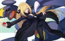 Rule 34 | 1girl, absurdres, black coat, black pants, black shirt, blonde hair, breasts, cleavage, closed mouth, coat, commentary request, creatures (company), cynthia (pokemon), fur-trimmed coat, fur collar, fur trim, game freak, garchomp, gen 4 pokemon, grey eyes, hair ornament, hair over one eye, highres, holding, holding poke ball, long hair, long sleeves, looking at viewer, nintendo, pants, poke ball, poke ball (basic), pokemon, pokemon dppt, shirt, smile, v-neck, y.m