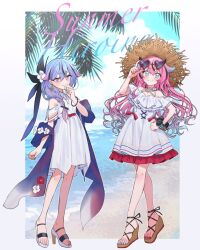Rule 34 | 2others, adjusting eyewear, alternate costume, bangle, beach, black hair, blue hair, blue shawl, blue sky, border, bracelet, closed mouth, clothing cutout, cloud, cloudy sky, collared dress, colored tips, commentary request, crossed legs, day, dress, english text, eyewear on head, flower, frilled dress, frills, full body, hair flower, hair ornament, hand on own chin, hand on own hip, hat, heart, heart-shaped eyewear, high heels, highres, horns, jewelry, looking at viewer, meika hime, meika mikoto, multicolored hair, multiple others, ocean, off-shoulder dress, off shoulder, outdoors, outside border, palm tree, pink hair, sandals, scrunchie, shawl, short sleeves, shoulder cutout, siblings, sky, smile, spaghetti strap, straw hat, streaked hair, summer, sun hat, sundress, sunglasses, tree, typo, v-shaped eyebrows, vocaloid, watson cross, wedge heels, white border, white dress, white flower, wrist scrunchie, yoshino ns