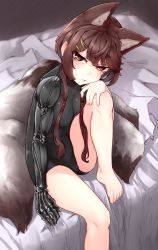 Rule 34 | 1girl, :t, absurdres, animal ears, bed, black leotard, blush, breasts, brown eyes, brown hair, cheek rest, clip studio paint (medium), fluffy, girls&#039; frontline, glaring, highres, k0ng, knee up, leotard, looking at viewer, mechanical arms, medium breasts, no jacket, official alternate costume, on bed, short hair with long locks, sidelocks, single mechanical arm, solo, sweatdrop, tail, tsurime, type 79 (girls&#039; frontline), wolf ears, wolf tail