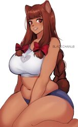 Rule 34 | 1girl, animal ear fluff, animal ears, animal nose, artist name, bear ears, blue shorts, borrowed character, bow, breasts, brown eyes, brown hair, commentary, cropped shirt, english commentary, furry, furry female, hair bow, highres, kneeling, large breasts, long hair, looking at viewer, looking to the side, navel, nsfwolf, original, parted lips, plump, red bow, shirt, short shorts, shorts, sidelocks, smile, solo, thick thighs, thighs, white background, white shirt