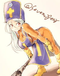 Rule 34 | 1girl, bad id, bad pixiv id, blue hair, blush, bodysuit, breasts, dragon quest, dragon quest iii, gloves, hat, highres, large breasts, long hair, mitre, orange bodysuit, priest (dq3), red eyes, shichiri, skin tight, smile, solo, tabard