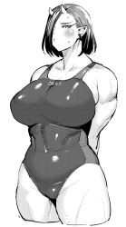Rule 34 | 1girl, arms behind back, belly, blush, breasts, earrings, elf-san wa yaserarenai., full body, greyscale, highres, huge breasts, jewelry, looking at viewer, monochrome, monster girl, muscular, muscular female, oga (elf-san wa yaserarenai.), ogre, ogre horns, pointy ears, simple background, standing, sweat, swimsuit, synecdoche, thick thighs, thighs, white background