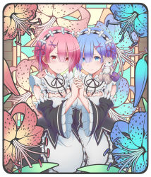 Rule 34 | 10s, apron, black ribbon, blue eyes, blue hair, blue ribbon, breasts, cat, commentary request, detached sleeves, flower, frilled sleeves, frills, hair ornament, hair over one eye, hair ribbon, hibiscus, highres, locked arms, maid, maid headdress, medium breasts, pink eyes, pink hair, pink ribbon, pouch, puck (re:zero), purple ribbon, ram (re:zero), re:zero kara hajimeru isekai seikatsu, red eyes, red ribbon, rem (re:zero), ribbon, ribbon-trimmed clothes, ribbon trim, short hair, siblings, sisters, stained glass, twins, white apron, wide sleeves, x hair ornament, yoruusagi