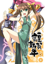 Rule 34 | 10s, 1girl, aoi masami, brown hair, china dress, chinese clothes, dress, fang, fighting stance, green dress, green eyes, hair ribbon, huang lingyin, infinite stratos, legs, long hair, long legs, new year, open mouth, polearm, ribbon, solo, thighs, translation request, twintails, weapon