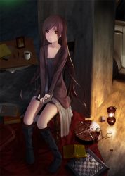 Rule 34 | 1girl, bad id, bad pixiv id, black dress, book, boots, chess piece, chessboard, coffee, dark, dress, indoors, knee boots, lantern, light, long hair, looking at viewer, maco (wondermind), original, pencil, pillar, pocket watch, red eyes, red hair, sitting, solo, v arms, very long hair, watch, wood