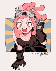 Rule 34 | 1girl, :d, black gloves, black shirt, blush stickers, boku no hero academia, breasts, character name, gloves, goggles, goggles on head, grey background, hatsume mei, highres, holding, holding wrench, long hair, looking at viewer, medium breasts, mommorua, open mouth, partially fingerless gloves, pink hair, shirt, smile, smudge, solo, symbol-shaped pupils, twitter username, wrench, yellow eyes