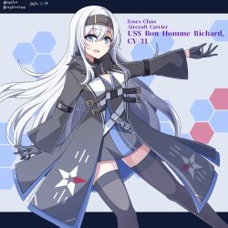 Rule 34 | 1girl, :d, absurdres, azur lane, black coat, black dress, black gloves, black hairband, blue eyes, bon homme richard (azur lane), character name, coat, commentary request, curly hair, dress, fur-trimmed coat, fur trim, gloves, hair between eyes, hairband, happy, hebitsukai-san, highres, legs apart, long hair, long sleeves, open clothes, open coat, open mouth, outstretched arm, smile, solo, standing, thighhighs, very long hair, white hair, wide sleeves