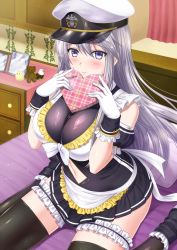 Rule 34 | 1girl, alternate costume, apron, azur lane, bare shoulders, black skirt, black sleeves, black thighhighs, blush, bodystocking, box, breasts, bridal garter, cleavage, closed mouth, clothing cutout, commentary request, cupboard, curtains, detached sleeves, enmaided, enterprise (azur lane), gloves, grey eyes, hair between eyes, hat, heart-shaped box, highres, holding, holding box, indoors, large breasts, long hair, looking at viewer, maid, maid apron, military hat, miniskirt, navel, navel cutout, on bed, peaked cap, photo (object), pillow, pleated skirt, puffy detached sleeves, puffy sleeves, shelf, shibata rai, shirt, sidelocks, silver hair, sitting, skindentation, skirt, sleeveless, sleeveless shirt, solo, stuffed animal, stuffed toy, thigh strap, thighhighs, valentine, very long hair, wariza, white gloves, white hat, zettai ryouiki