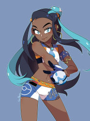 Rule 34 | 1girl, armlet, belly chain, bike shorts, black hair, blue eyes, blue eyeshadow, blue hair, blush, closed mouth, commentary, creatures (company), dark-skinned female, dark skin, dive ball, dynamax band, earclip, earrings, eyeshadow, floating hair, game freak, gloves, grey background, hair bun, highres, holding, holding poke ball, hoop earrings, jewelry, long hair, looking at viewer, makeup, multicolored hair, necklace, nessa (pokemon), nintendo, partially fingerless gloves, poke ball, pokemon, pokemon swsh, signature, single hair bun, smile, solo, two-tone hair, yuuabyss