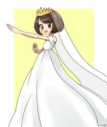 Rule 34 | 1girl, :d, alternate costume, asamaru1225, blush, border, brown eyes, brown hair, commentary request, creatures (company), crown, dress, eyelashes, game freak, gloria (pokemon), happy, highres, nintendo, off-shoulder dress, off shoulder, open mouth, outstretched arm, pokemon, pokemon swsh, short hair, smile, solo, teeth, upper teeth only, wedding dress, white border, white dress, yellow background