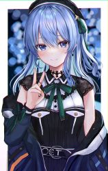 Rule 34 | 1girl, absurdres, beret, black choker, black hat, blue eyes, blue hair, blue jacket, choker, crescent, crescent earrings, earrings, efuri (riarea00), green ribbon, hair between eyes, hair ornament, hat, highres, hololive, hoshimachi suisei, hoshimachi suisei (streetwear), jacket, jewelry, lace-trimmed sleeves, lace trim, long hair, looking at viewer, neck ribbon, off shoulder, ribbon, see-through, see-through sleeves, short sidetail, short sleeves, smile, solo, star (symbol), star hair ornament, v, virtual youtuber