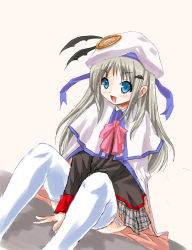 Rule 34 | 1girl, 55kb, blue eyes, bow, buttons, cape, fang, hat, large buttons, little busters!, long hair, noumi kudryavka, pink bow, plaid, plaid skirt, silver hair, skirt, solo, thighhighs