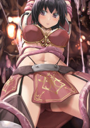 Rule 34 | 1girl, armor, arms up, bikini armor, black hair, bound, breasts, brown eyes, chicken (chickenx), garter straps, gluteal fold, highres, large breasts, monster, navel, original, panties, pantyshot, pelvic curtain, restrained, saliva, short hair, shoulder pads, tentacles, thighhighs, underwear