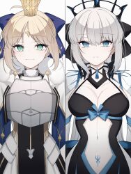 Rule 34 | 2girls, armor, artoria caster (third ascension) (fate), black bow, black dress, blonde hair, blue bow, blue eyes, bow, breastplate, collar, crown, double-parted bangs, dress, facial mark, fate/grand order, fate (series), forehead mark, fur collar, green eyes, grey hair, hair between eyes, hair bow, highres, looking at viewer, mati5572, morgan le fay (fate), multiple girls, parted bangs, pubic tattoo, sidelocks, spiked collar, spikes, tattoo, white background, white dress