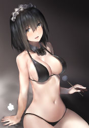 Rule 34 | 1girl, :d, puff of air, araido kagiri, arm support, bare arms, bare shoulders, bikini, black bikini, black bow, black bowtie, black hair, bow, bowtie, breasts, brown eyes, cleavage, collarbone, detached collar, hair between eyes, highres, holding, large breasts, long hair, looking at viewer, maid, maid bikini, maid headdress, mimikaki, navel, open mouth, original, revision, sitting, smile, solo, stomach, swimsuit, thighs, unconventional maid