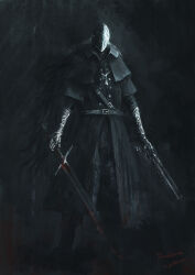Rule 34 | artist name, belt, black background, black belt, black capelet, black cloak, black pants, bloodborne, buttons, capelet, cloak, copyright name, double-breasted, facing viewer, gauntlets, gradient background, grey hair, gun, helmet, highres, holding, holding gun, holding sword, holding weapon, jewelry, long hair, long sleeves, necklace, pants, standing, sword, tripdancer, weapon