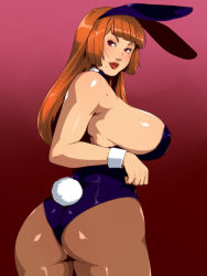 Rule 34 | 1girl, animal ears, ass, bow, breasts, curvy, fake animal ears, ganto, gradient background, huge breasts, leotard, lips, long hair, looking back, original, pantyhose, playboy bunny, rabbit ears, rabbit tail, red hair, solo, tail, wrist cuffs