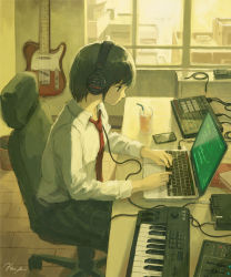 Rule 34 | 1girl, black hair, cellphone, chair, commentary, computer, cup, disposable cup, drinking straw, guitar, headphones, highres, indoors, instrument, kensight328, keyboard (instrument), laptop, necktie, office chair, original, phone, school uniform, short hair, sitting, smartphone, solo, swivel chair