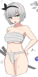 Rule 34 | 1girl, black hairband, breasts, chest sarashi, cropped legs, frown, fundoshi, green eyes, grey hair, hairband, hand on own hip, highres, japanese clothes, katana, konpaku youmu, large breasts, looking at viewer, moong (eveonline44), navel, open mouth, pubic hair, sarashi, short hair, simple background, solo, sweat, sweatdrop, sword, touhou, underboob, weapon, white background