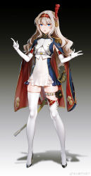 Rule 34 | 1girl, absurdres, asymmetrical legwear, blue eyes, breasts, cape, dress, elbow gloves, epaulettes, full body, gloves, gradient background, hairband, high heels, highres, light brown hair, long hair, looking at viewer, mismatched legwear, open mouth, pointing, quuni, saber (weapon), seijo senki, short dress, simple background, small breasts, solo, standing, sword, thigh strap, thighhighs, turtleneck, watermark, weapon, white gloves, white thighhighs, zettai ryouiki