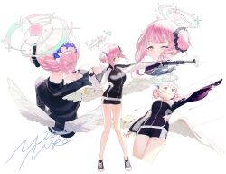 Rule 34 | 1girl, absurdres, angel wings, black jacket, black shorts, blue archive, breasts, closed mouth, double bun, gun, gym shorts, hair bun, highres, holding, holding gun, holding weapon, jacket, large breasts, mika (blue archive), multiple views, one eye closed, pink hair, short hair, shorts, simple background, track jacket, weapon, white background, white wings, wings, yellow eyes, zippo (2387576974)