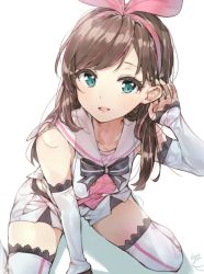Rule 34 | 1girl, arm warmers, black ribbon, brown hair, commentary request, green eyes, hairband, kizuna ai, kizuna ai inc., kneeling, lace, lace-trimmed legwear, lace-trimmed sleeves, lace trim, looking at viewer, multicolored hair, pink hair, pink hairband, pink ribbon, ribbon, sailor collar, shorts, signature, simple background, solo, streaked hair, takenoko no you, thighhighs, two-tone hair, virtual youtuber, white background, white sailor collar, white shorts, white thighhighs