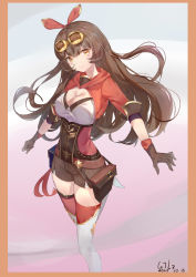 Rule 34 | 1girl, absurdres, amber (genshin impact), breasts, brown eyes, brown gloves, brown hair, brown shorts, cleavage, cleavage cutout, clenched hand, clothing cutout, commentary, floating hair, genshin impact, gloves, goggles, goggles on head, gtlz, hair ribbon, head tilt, highres, long hair, looking at viewer, medium breasts, red ribbon, ribbon, shorts, shrug (clothing), smile, solo, thigh strap, thighhighs
