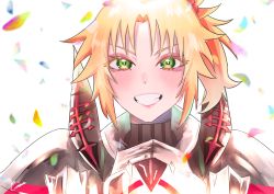 Rule 34 | 1girl, absurdres, armor, bare shoulders, blonde hair, blush, braid, confetti, fate/grand order, fate (series), gonburu juan, green eyes, hair ornament, hair scrunchie, highres, long hair, looking at viewer, mordred (fate), mordred (fate/apocrypha), open mouth, ponytail, red scrunchie, scrunchie, short hair, smile, solo, teeth
