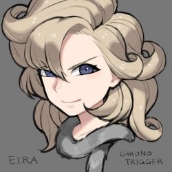 Rule 34 | 1girl, ayla (chrono trigger), blonde hair, blue eyes, chrono trigger, closed mouth, collarbone, copyright name, curly hair, grey background, hair between eyes, long hair, looking at viewer, portrait, scarf, simple background, solo, sorashiro ruku