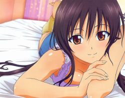 Rule 34 | 00s, 1girl, arm support, bed, bed sheet, black hair, breasts squeezed together, breasts, female focus, indoors, kotegawa yui, long hair, lossy-lossless, lying, non-web source, on stomach, orange eyes, scan, smile, solo, to love-ru
